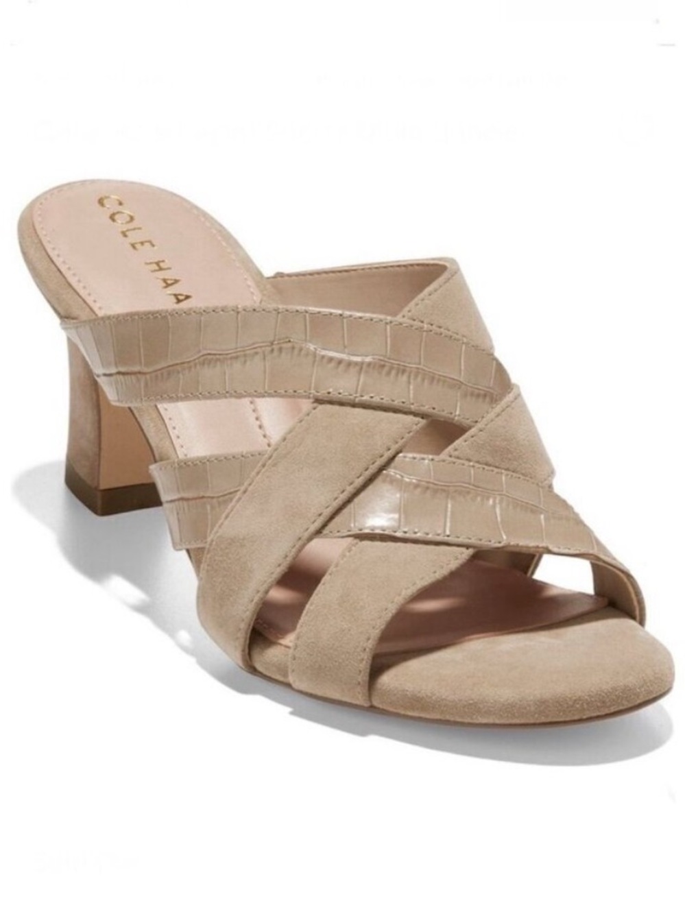 Cole Haan April Suede Mule Cream Natural Croc Embossed Sandal Heels- Size 9.5